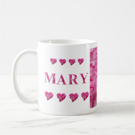 Caneca De Café "Mary" Hidrangea Letras Florais Rosa e Corações Bo