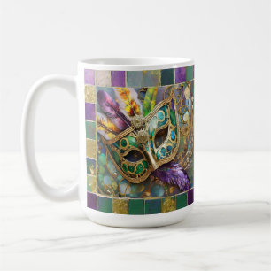 Caneca De Café Máscara de Penas Coloridas Verde e Dourado do Mard