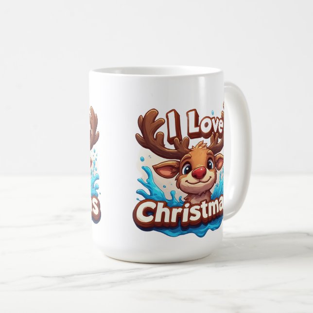 Caneca De Café Mascote Rena Fofa Com Texto 'Eu Amo Natal' (Frente Esquerda)