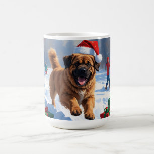 Caneca De Café Mastim Tibetano Correndo na Neve com Chapéu de Nat