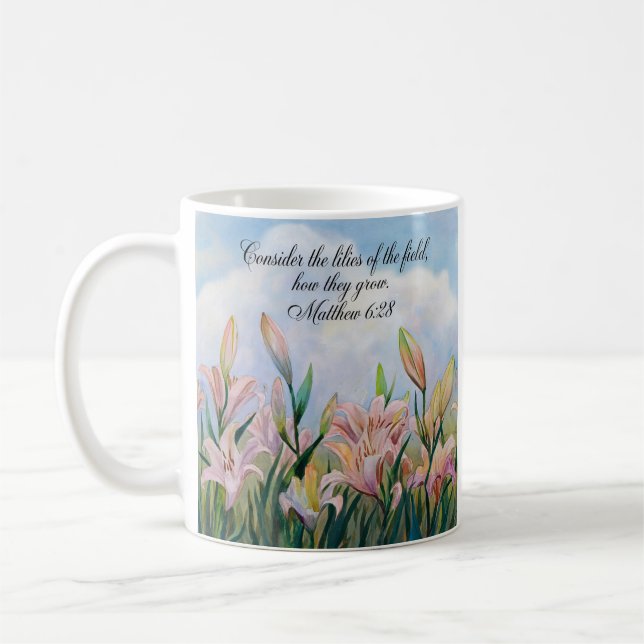 Caneca De Café Mateus 6:28 Lírios De Aquarela (Esquerda)