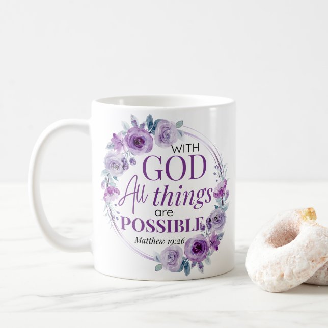 Caneca De Café Matthew 19:26 Possible with God Purple Floral (Com Donut)