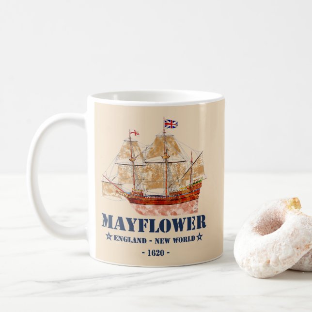 Caneca De Café Mayflower Tall Ship - Inglaterra para o Novo Mundo (Com Donut)