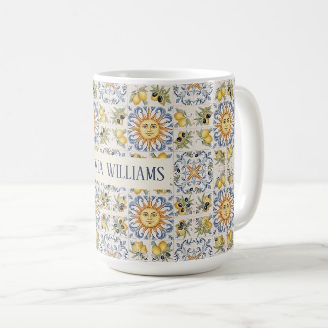 Caneca De Café Mediterranean Lemon Tile Italian Coastal Design (Frente Esquerda)
