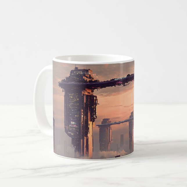 Caneca De Café Megaestruturas flutuantes futurísticas acima da ci (Frente Esquerda)