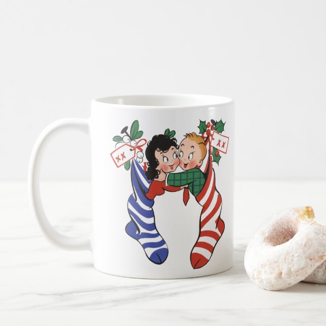 Caneca De Café Meias de Natal Antigas com Crianças Fofas (Com Donut)