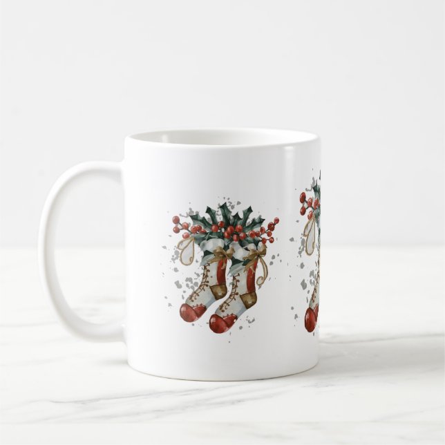 Caneca De Café Meias de Natal com Aquarela e Holly Berry (Esquerda)