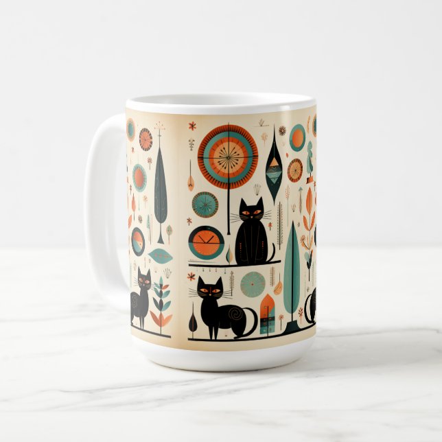 Caneca De Café Meio século Moderno Gatos Pretos Laranja e Turques (Frente Esquerda)
