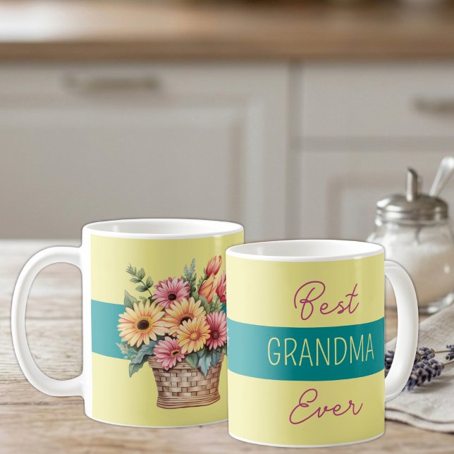 Caneca De Café Melhor avó de todas as flores de gerbera amarelas (Criador carregado)