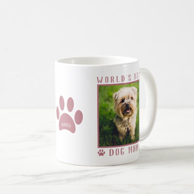 Caneca De Café Melhor Cachorro Mãe Foto Nome Paw Imprime Rosa (Frente Esquerda)