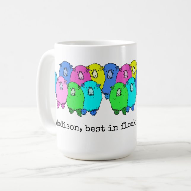 Caneca De Café Melhor em rebanho, cartoon fofo, seu nome (Frente Esquerda)