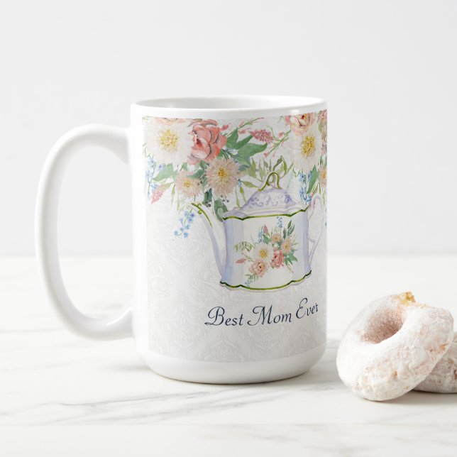 Caneca De Café Melhor Mãe Alguma Vez Chaleira Rosa Azul e Flores  (Com Donut)