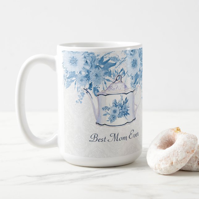 Caneca De Café Melhor Mãe Alguma Vez Teapot Dusty Blue n White Fl (Com Donut)