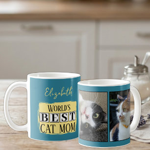 Caneca De Café Melhor mãe de gato 2 nome da foto azul amarelo
