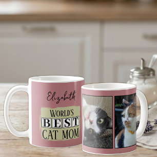 Caneca De Café Melhor mãe de gato 2 nome da foto rosa verde