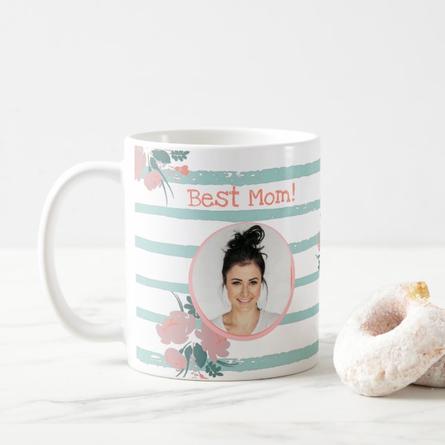 Caneca De Café Melhor Mãe Foto Floral De Turquesa Rosa-Rosa-Risca (Com Donut)