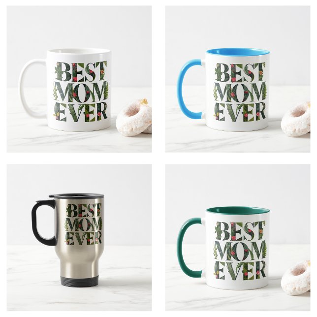 Caneca De Café Melhor Mãe Moderna, Flores E Plantas Verdes (Modern Best Mom Ever Cute Flowers And Green Plants Coffee Mug)