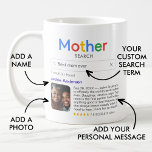 Caneca De Café Melhor Mãe Nunca Resultados De Pesquisa Com Foto<br><div class="desc">Uma caneca engraçada para mães com o logotipo de 'Procura-mãe' e um resultado de busca de solteiro para "A melhor mãe (ou mãe ou mãe, etc.) de sempre", com o nome da sua mãe, uma foto, sua mensagem pessoal e uma classificação de 5 estrelas. Se precisar de ajuda para personalizar...</div>