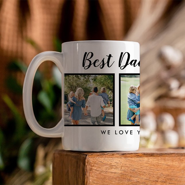 Caneca De Café Melhor Pai! Colagem de Fotos (Best dad script font with 6 family photo slots, along with a custom message for your number 1 Dad.)