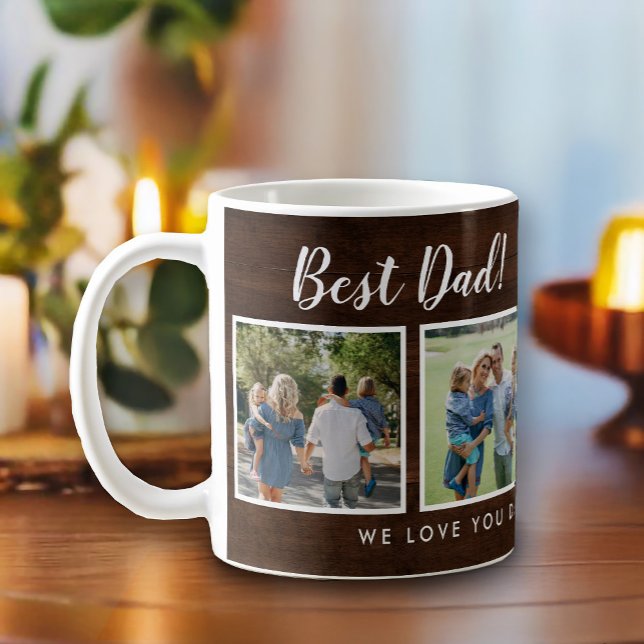 Caneca De Café Melhor Pai! Fotos Colagem Mensagem de Colagem Made (Best dad script font with 6 family photo slots, along with a custom message for your number 1 Dad.)