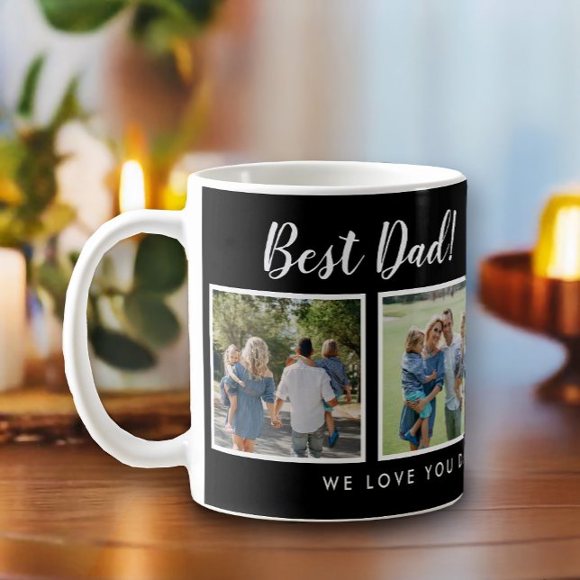 Caneca De Café Melhor Pai! Mensagem de Colagem de Fotos Preta (Best dad script font with 6 family photo slots, along with a custom message for your number 1 Dad.)