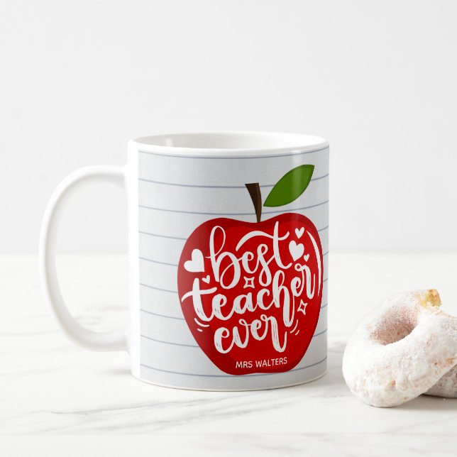 Caneca De Café Melhor Professor de Todos os Tempos Nome Maçã Verm (Com Donut)
