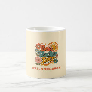 Caneca De Café Melhor Professor Personalizado Floral Retro Nome