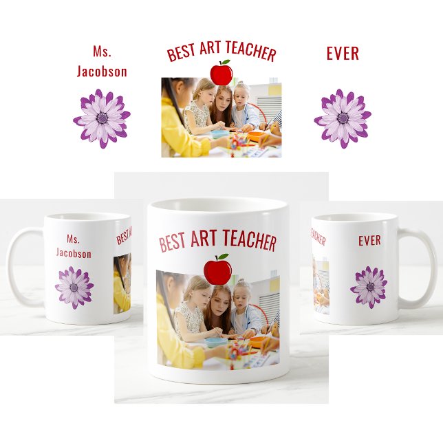 Caneca De Café Melhor Professora De Arte, Nome, Foto, Apreciação (Best Art Teacher Ever photo mug. Personalized Name. Flowers. Apple. Cute teacher appreciation mug)