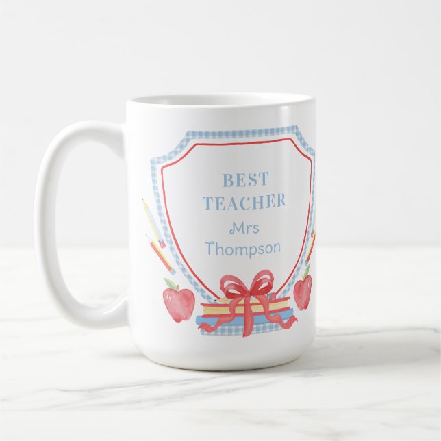 Caneca De Café Melhor Professora Gingham School Crest (Esquerda)
