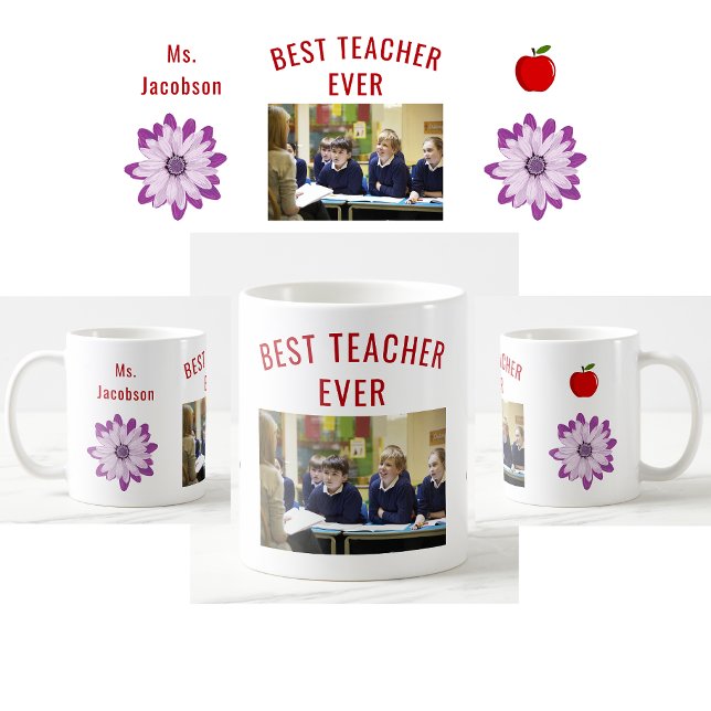 Caneca De Café Melhor Professora Já Deu Nome De Apreciação Do Pro (Best Teacher Ever. Photo of students. Flowers. Apple. Modern, cute, elegant teacher appreciation mug)