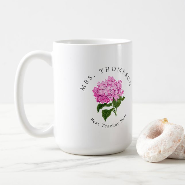 Caneca De Café Melhor Professora Pink Hydrangea Grand-millennial (Com Donut)