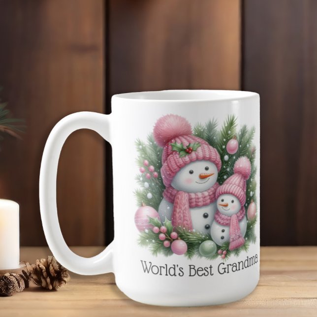 Caneca De Café Melhor vovó do mundo rosa Natal verde (Cute snowman "World's Best Grandma" mug)