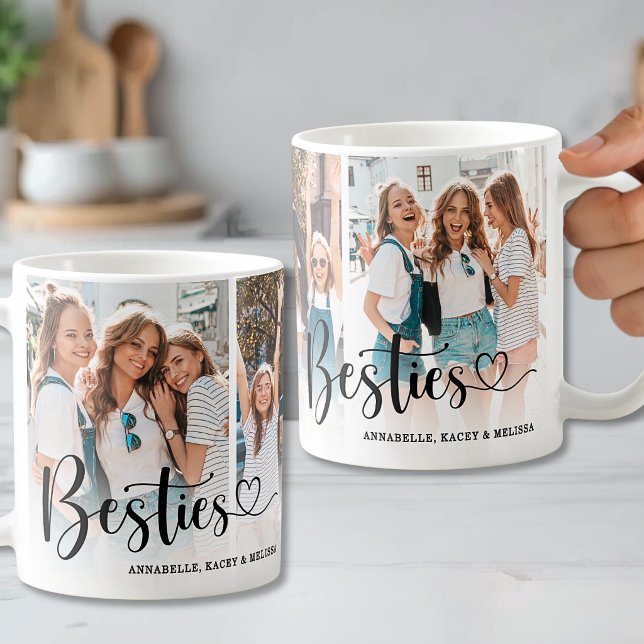 Caneca De Café Melhores Amigas Script Três Fotos (Besties Script Best Friends 3 Photo Coffee Mug )