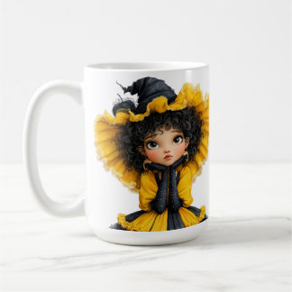 CANECA DE CAFÉ MENINA AMARELA E PRETA COM TEMA DE HALLOWEEN
