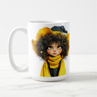 CANECA DE CAFÉ MENINA AMARELA E PRETA COM TEMA DE HALLOWEEN