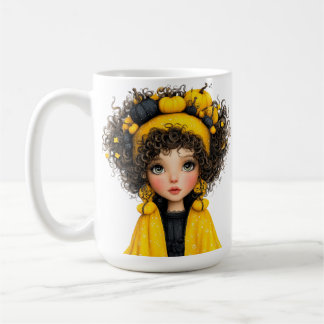 CANECA DE CAFÉ MENINA AMARELA E PRETA COM TEMA DE HALLOWEEN