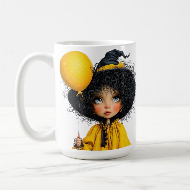 CANECA DE CAFÉ MENINA AMARELA E PRETA COM TEMA DE HALLOWEEN (Esquerda)
