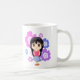 Caneca De Café Menina bonito de Chibi com flores