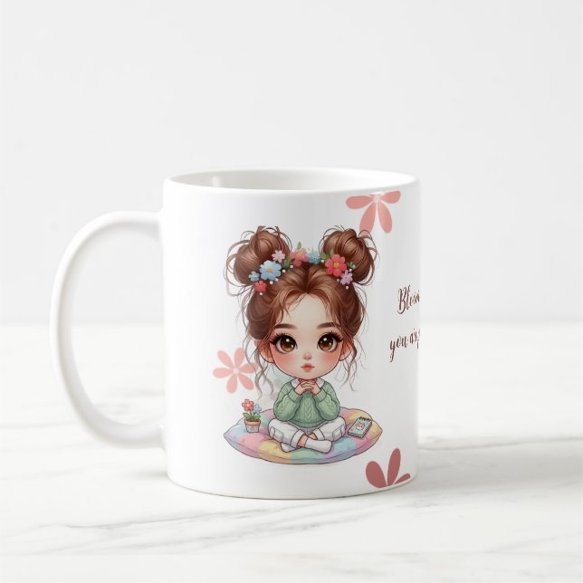 Caneca De Café Menina Chibi Adorável Sentada em Almofada com Cita (Esquerda)