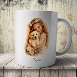 Caneca De Café Menina Com Cachorrinho Labrador
