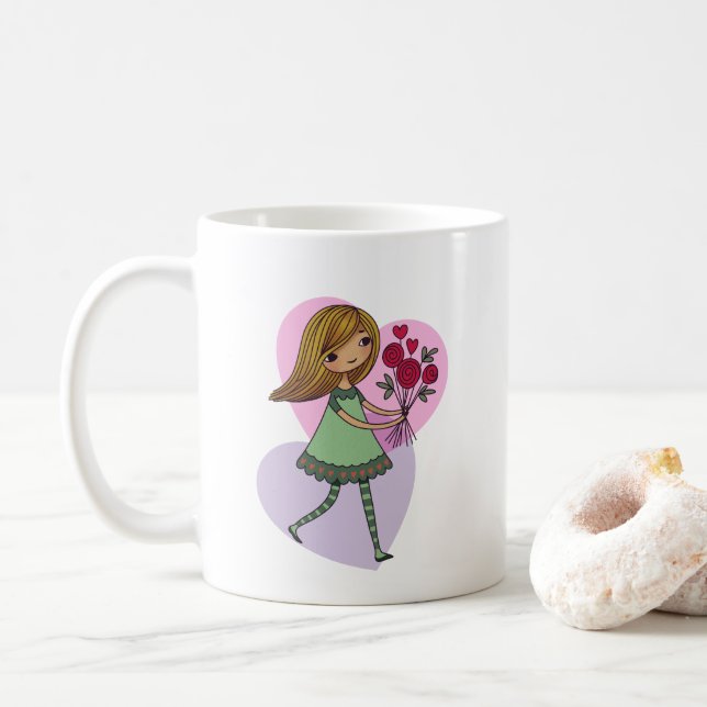 Caneca De Café Menina Com Flores (Com Donut)
