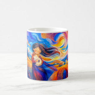 Caneca De Café Menina com gato em cores fluidas e ventosas