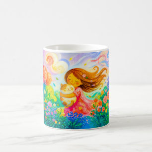 Caneca De Café Menina com gato em um jardim de verão ventoso