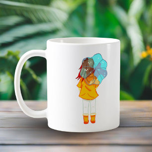 Caneca De Café Menina com Guarda-chuva no Vento Desenho