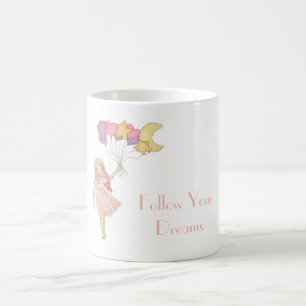 Caneca De Café Menina Coração Roxo Amarelo Estrelas Lua Balões