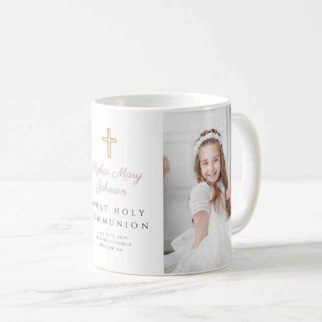 Caneca De Café Menina da Cruz Religiosa Foto da Primeira Comunhão (Frente Esquerda)