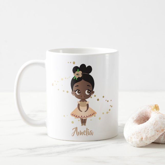 Caneca De Café Menina Dançando Ballerina com Flor, Dourada (Com Donut)