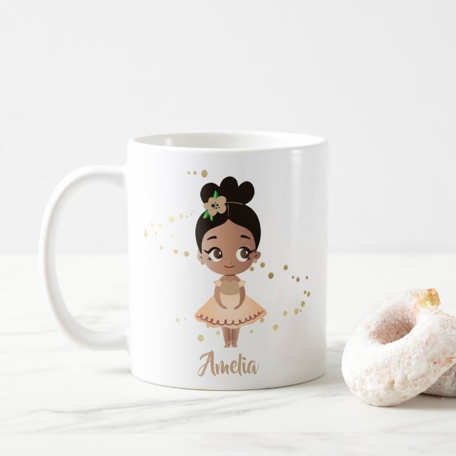 Caneca De Café Menina Dançando Ballerina com Flor, Dourada (Com Donut)