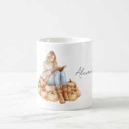 Caneca De Café Menina de Abóboras Laranjas com Livro
