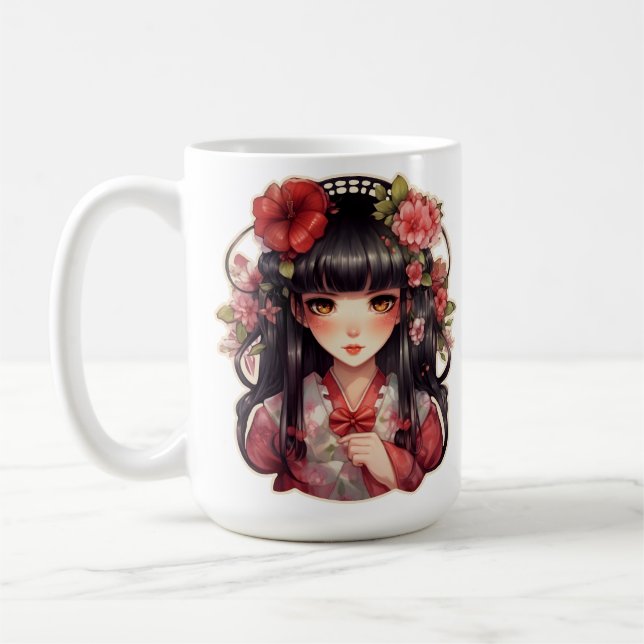 Caneca De Café Menina de animação, flores rosa (Esquerda)